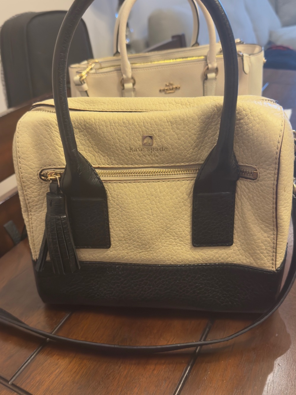 kate spade Cream and Black Pebbled Leather Satchel with Tassel